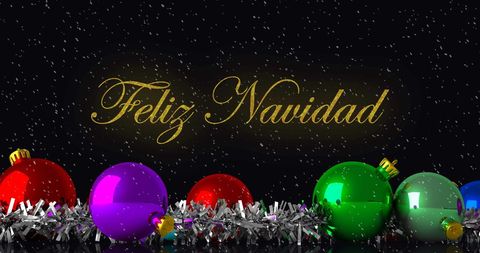 Feliz Navidad Greeting with Colorful Baubles and Snowfall
