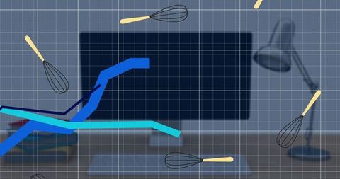 Minimalist workspace with animated whisks and graph on screen