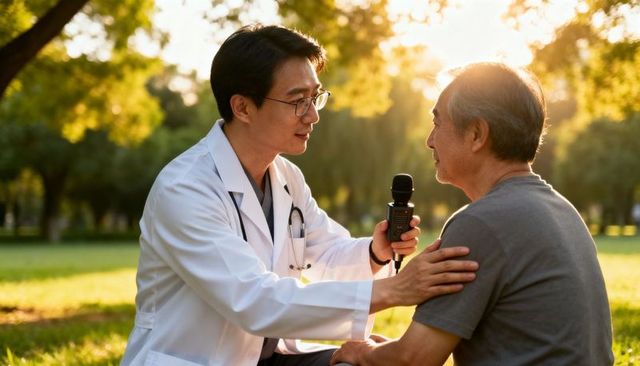 Doctor conducting portable voice and respiratory check with handheld microphone in park