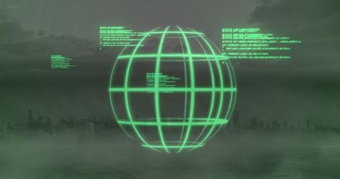Futuristic Wireframe Globe Hovering Over Skyline with Digital Data