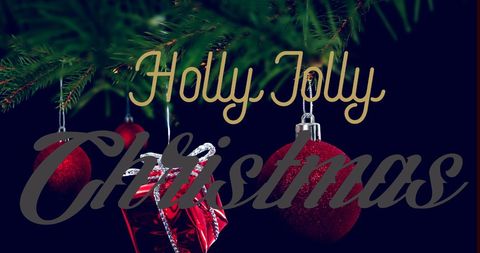 Festive Christmas Baubles and Branch with Holly Jolly Text
