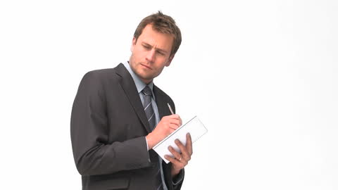 Businessman Pondering with Notepad Isolated on White