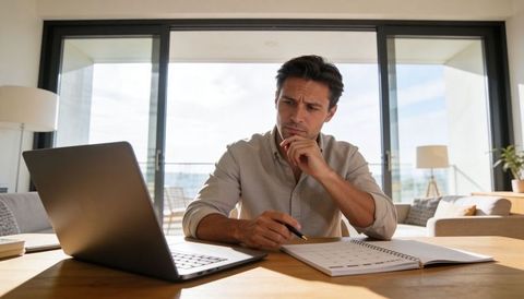 Man working from home reviewing planner and laptop at modern apartment desk