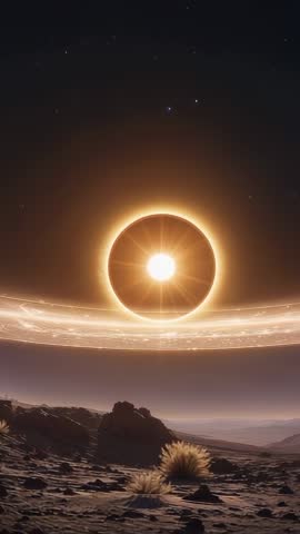 Ringed Sun Pulsing Over Rocky Alien Plain Vertical Sci-Fi Cinematic Loop