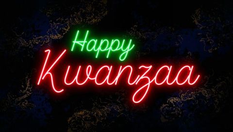 Happy Kwanzaa neon sign glowing red and green on navy background with gold filigree