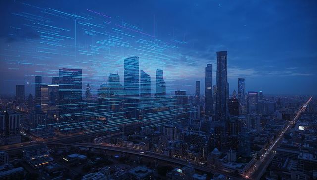 Futuristic metropolis skyline with digital light trails and tower cluster at dusk