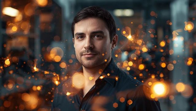Confident business man looking forward with glowing bokeh sparks and cinematic lighting