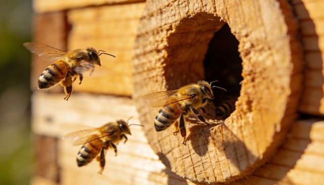 Buzzing honey bees entering sunlit wooden nest hole carrying pollen, close-up macro