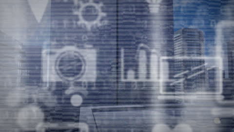 Digital Interface Icons Overlay with Urban Skyline and Binary Code