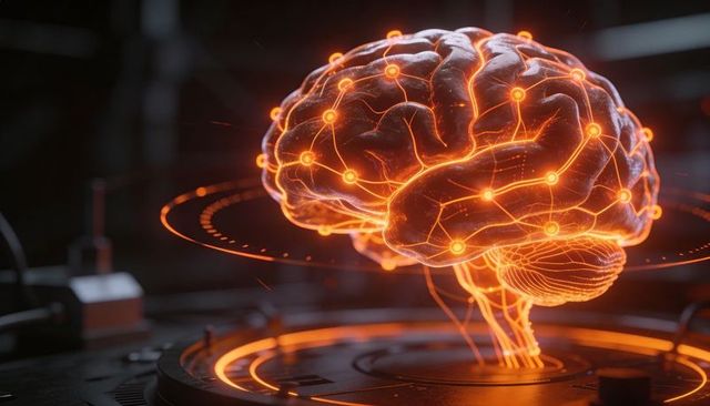 Holographic neural brain projection with lit nodes and futuristic ai circuit visualization
