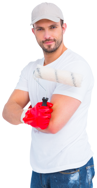 Confident Handyman Holding Paint Roller Wearing Gloves Transparent Background - Download Free Stock Videos Pikwizard.com