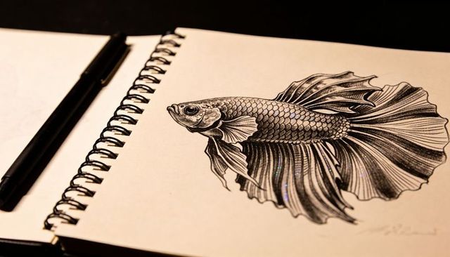 Depicting intricate betta fish ink illustration in spiral sketchbook with pen
