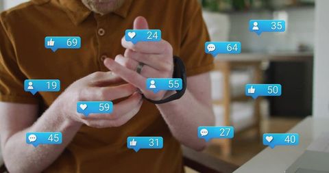 Modern man interacting with social media notifications on smartwatch