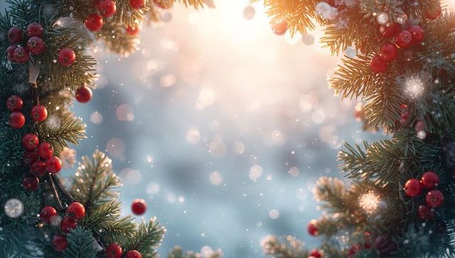 Sunlit Pine Garland Wreath Border with Red Berries, Snowfall and Bokeh Holiday Background