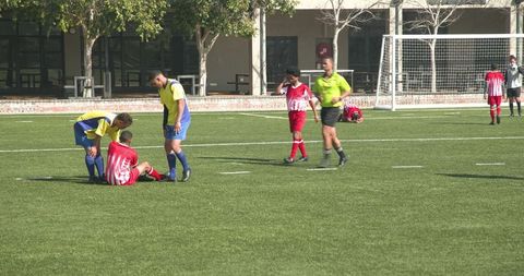 Soccer player offered help after injury on field amidst game