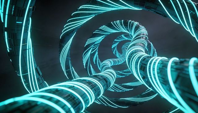 Glowing cyan helix conduits twisting through futuristic tunnel, neon sci-fi architecture