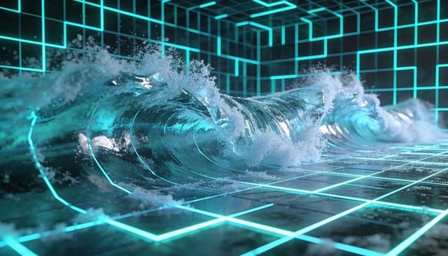 Turquoise wave crashing across neon grid chamber with futuristic glassy reflections