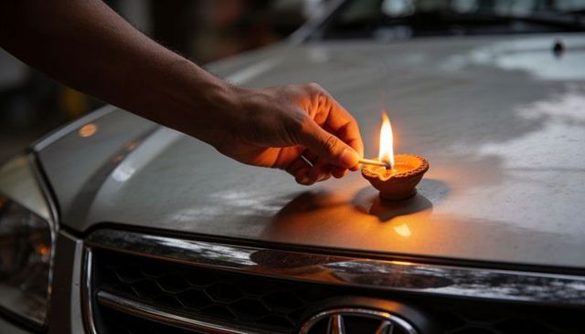 Hand lighting clay diya on silver car hood at dusk reflecting flame for festival