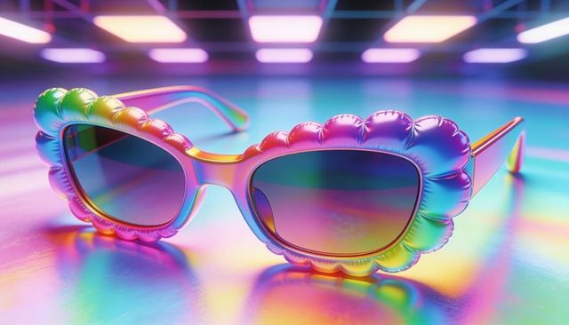 Iridescent scalloped sunglasses reflecting neon gradient light on glossy surface