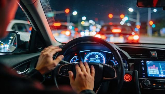 Gripping steering wheel during nighttime traffic with illuminated dashboard and touchscreen