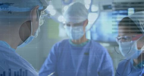 Team of Skilled Surgeons Performing Operation with Data Visualization