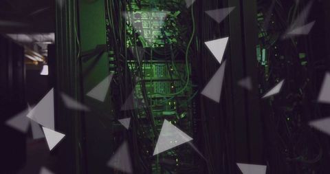 Neon Green Server Rack With Floating Geometric Triangles, Network Cabling and Blinking LEDs