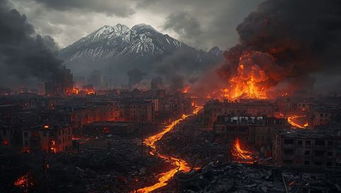 Molten lava flow engulfs ruined city beneath volcanic peaks