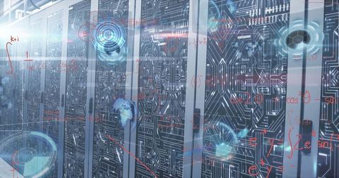 Futuristic data center servers with digital circuitry