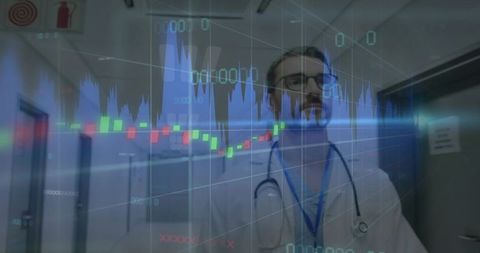Male doctor walking clinic corridor with overlaid stock market charts and data