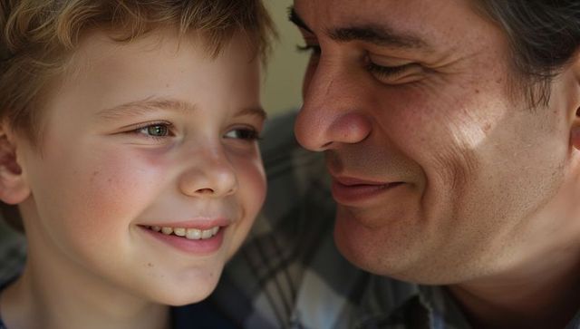 Father and son smiling and leaning close sharing warm intimate family moment in home