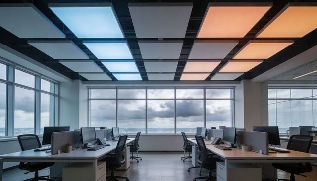 Modern waterfront office featuring open-plan workstations with warm-cool ceiling panels
