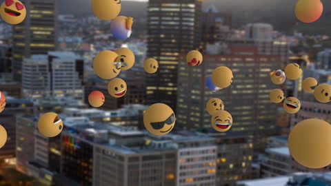 Digital Emojis Floating Above City Amid Vivid Evening Glow