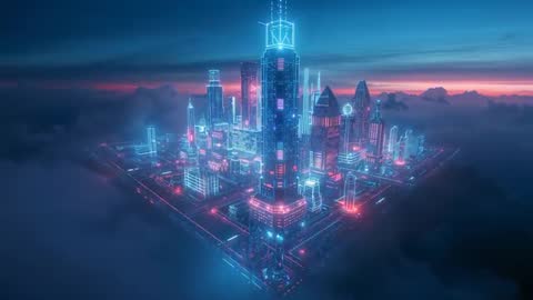 Floating Futuristic Metropolis Above Clouds at Dusk with Neon Lights