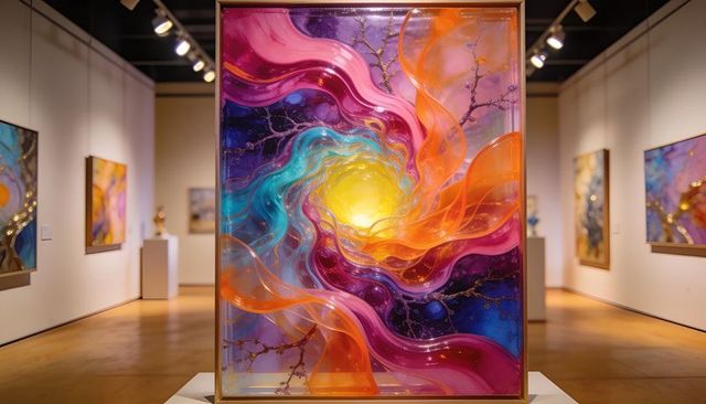 Radiant vortex framed abstract panel luminous yellow core colorful contemporary gallery