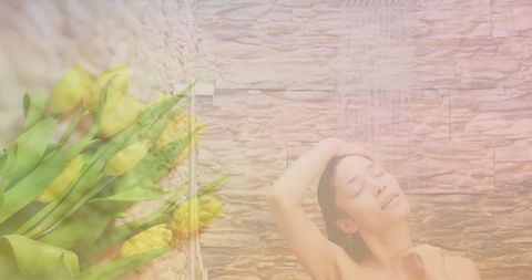 Serene Woman Enjoying Shower with Yellow Tulips Overlay
