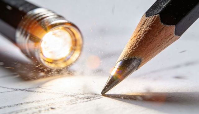 Sharp pencil tip pressing into paper producing graphite dust with bright light flare
