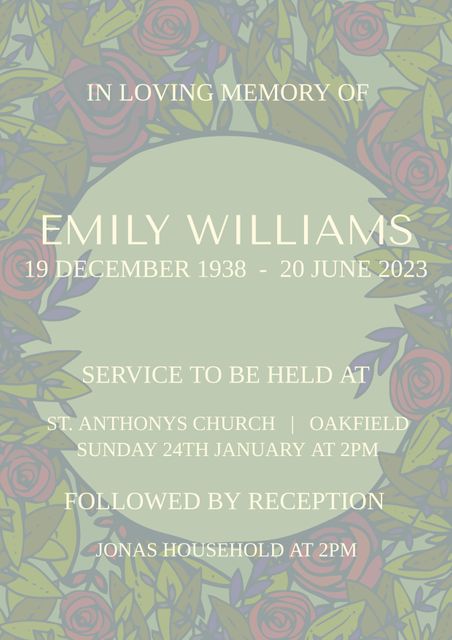 This floral memorial service invitation features a design with soft colors, roses, and leaves. Perfect for use in 'in loving memory' events, celebration of life gatherings, and elegant remembrance services. Suitable for printing or digital distribution, it communicates a gentle and respectful tone. Additionally, the floral theme makes it adaptable for wedding invitations or spring events by editing the text.