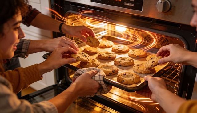 Friends pulling freshly baked chocolate chip cookies from oven, sharing warm cozy moments