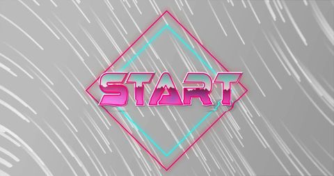 Neon retro start sign with light trails on grey digital background
