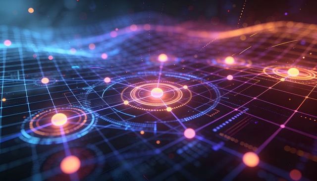 Neon holographic network grid with pulsing central node and flowing data trails, dashboard