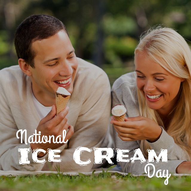 Composition of national ice cream day text over happy caucasian couple eating ice cream. National ice cream day and celebration concept digitally generated image.