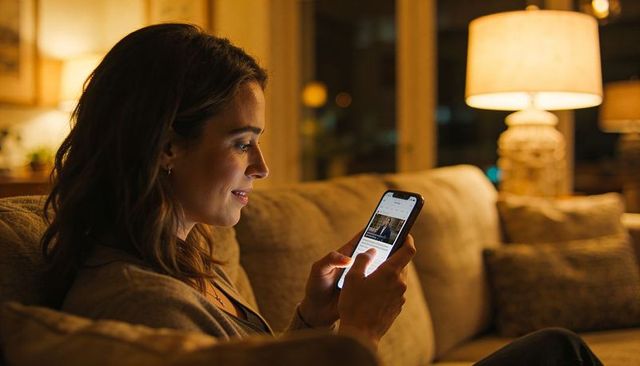 Woman scrolling smartphone on cozy living room couch at night, warm lamp glow and cushions