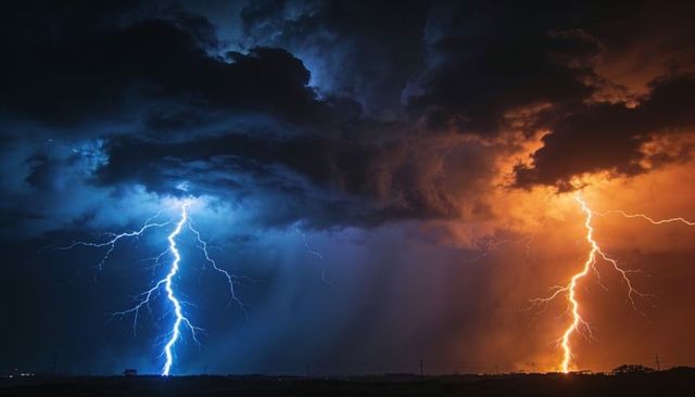 Dual lightning bolts splitting storm sky over prairie horizon with blue and orange glow
