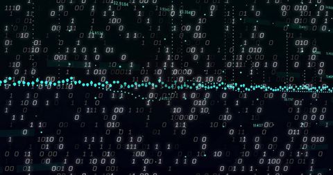 Cyan data stream pulsing through binary matrix of floating nodes, telemetry visualization