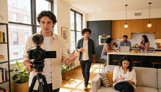 Vlogger filming in modern apartment with friends collaborating in background
