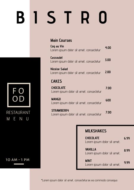 This elegant bistro menu template is designed for upscale dining establishments, offering a stylish and sophisticated look. It can be used by high-end restaurants, gourmet cafes, and fine dining bistros to present their menu items in an attractive and professional manner. The modern design features a clean layout with sections for main courses, cakes, and milkshakes, making it easy for customers to navigate. Perfect for businesses looking to elevate their brand image and provide a refined dining experience.