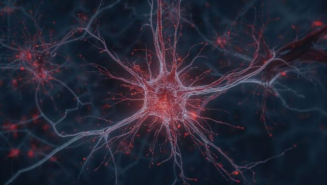 Glowing neuron network with red synaptic activity 3d medical visualization