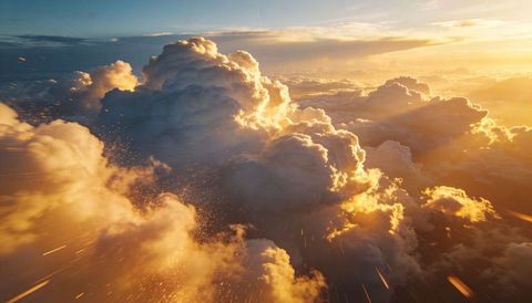 Rising golden cumulus towers glowing with sunbeams and rim light over layered horizon