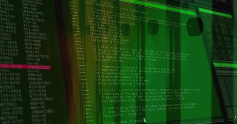 Green code editor console with multi-panel terminal, red highlight and cursor