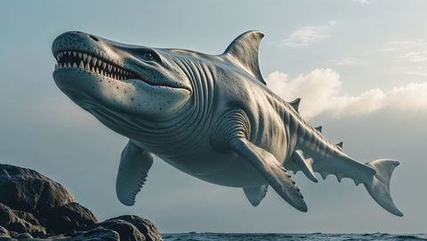 Mythical megalodon gliding above serene coastal waters